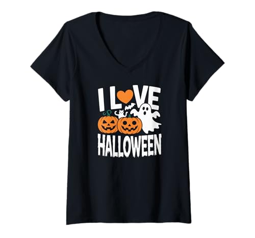 Damen Ich Liebe Halloween-Kürbisse und Geister T-Shirt mit V-Ausschnitt Damen Ich Liebe Halloween-Kürbisse und Geister T-Shirt mit V-Ausschnitt von Spooky Halloween Pumpkins Ghosts