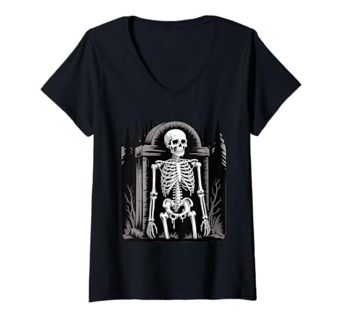 Damen Vintage Skeleton Gothic Friedhof Design T-Shirt mit V-Ausschnitt von Spooky Halloween Retro Kunst Liebhaber