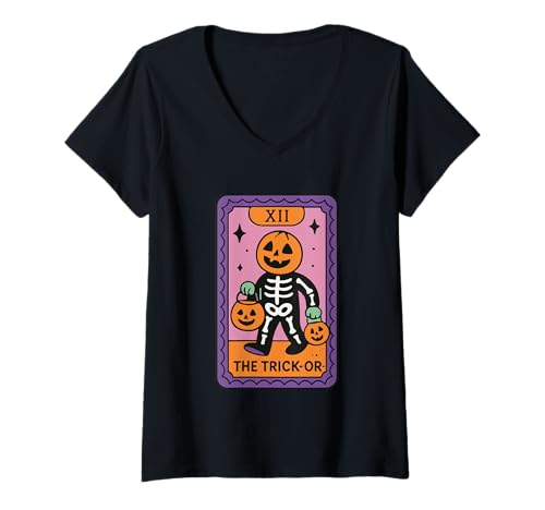 Damen The Trick-Or Tarotkarte Kürbis-Skelett T-Shirt mit V-Ausschnitt Damen The Trick-Or Tarotkarte Kürbis-Skelett T-Shirt mit V-Ausschnitt von Spooky Halloween Skeleton Tarot Card