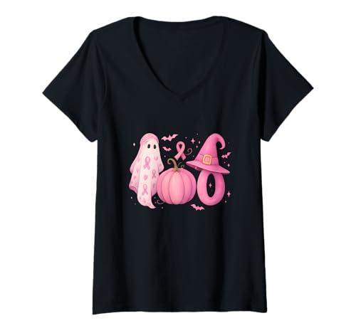 Damen Boo Pink Ghost Witch Halloween-Kunst zur Aufklärung über Brustkrebs T-Shirt mit V-Ausschnitt Damen Boo Pink Ghost Witch Halloween-Kunst zur Aufklärung über Brustkrebs T-Shirt mit V-Ausschnitt von Spooky Halloween Survivors Apparel