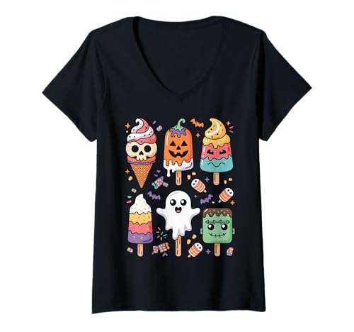 Damen Horror Movies Summer Popsicle Halloween Ice Cream Summerween T-Shirt mit V-Ausschnitt von Spooky Halloween Sweet Treats