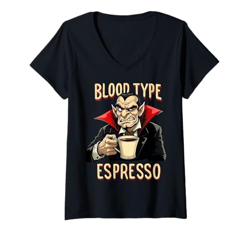 Damen Lustiger Vampir-Kaffee für Halloween T-Shirt mit V-Ausschnitt Damen Lustiger Vampir-Kaffee für Halloween T-Shirt mit V-Ausschnitt von Spooky Halloween Tees Easy Costumes