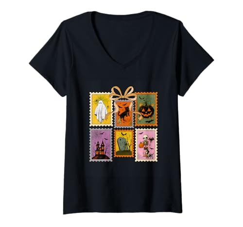 Damen Halloween Ghost Kürbisfledermäuse Gruselnacht T-Shirt mit V-Ausschnitt Damen Halloween Ghost Kürbisfledermäuse Gruselnacht T-Shirt mit V-Ausschnitt von Spooky Halloween Vintage Stamps Collection