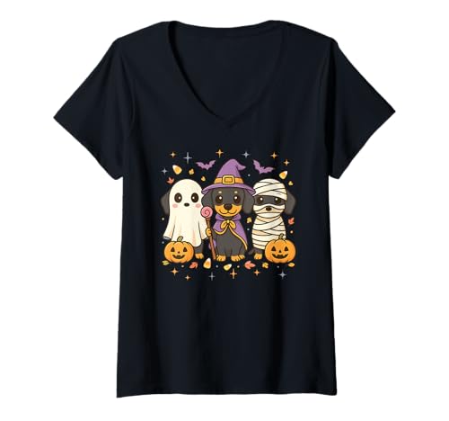 Damen Dachshund Happy Halloweiner Boo Witch Funny Halloween Dog T-Shirt mit V-Ausschnitt Damen Dachshund Happy Halloweiner Boo Witch Funny Halloween Dog T-Shirt mit V-Ausschnitt von Spooky Halloween Wiener Dog Weenie Lovers Mom Dad