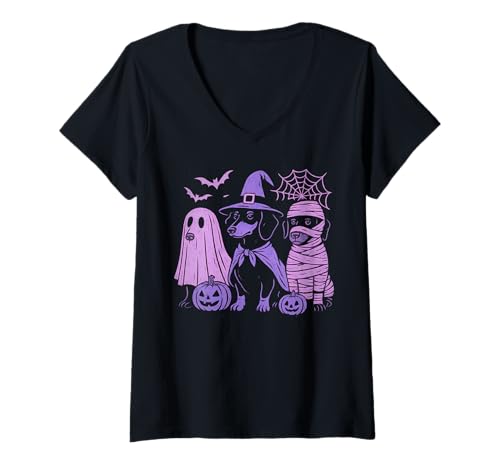 Damen Halloweenie Dachshund Dogs Ghost Boo Witch Costume Halloween T-Shirt mit V-Ausschnitt Damen Halloweenie Dachshund Dogs Ghost Boo Witch Costume Halloween T-Shirt mit V-Ausschnitt von Spooky Halloween Wiener Dog Weenie Lovers Mom Dad