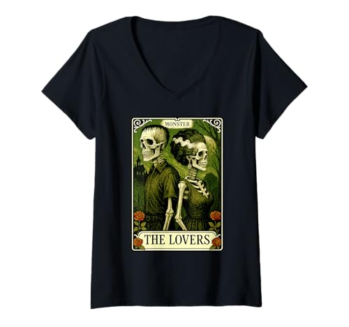 Damen Monster Frankenstein und Braut Liebhaber Tarotkarte Skelett T-Shirt mit V-Ausschnitt Damen Monster Frankenstein und Braut Liebhaber Tarotkarte Skelett T-Shirt mit V-Ausschnitt von Spooky Halloween Women Men The Lovers Tarot Card