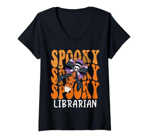 Damen Gruselige Bibliothekarin Halloween-Schule T-Shirt mit V-Ausschnitt Damen Gruselige Bibliothekarin Halloween-Schule T-Shirt mit V-Ausschnitt von Spooky Halloween for Teachers And Students