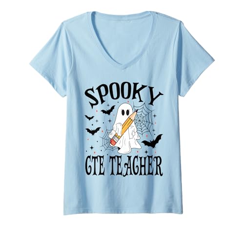 Damen Gruselige CTE Lehrer Halloween Schule T-Shirt mit V-Ausschnitt Damen Gruselige CTE Lehrer Halloween Schule T-Shirt mit V-Ausschnitt von Spooky Halloween for Teachers And Students
