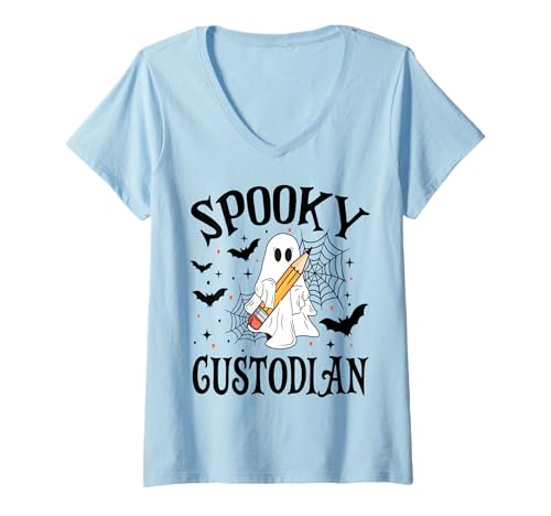 Damen Gruselige Custodian Halloween Schule T-Shirt mit V-Ausschnitt Damen Gruselige Custodian Halloween Schule T-Shirt mit V-Ausschnitt von Spooky Halloween for Teachers And Students
