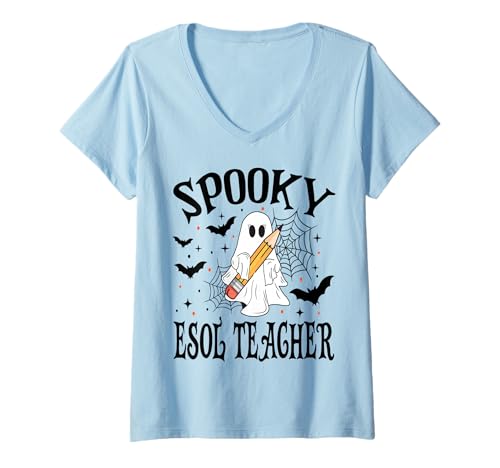 Damen Gruselige ESOL Lehrer Halloween Schule T-Shirt mit V-Ausschnitt von Spooky Halloween for Teachers And Students