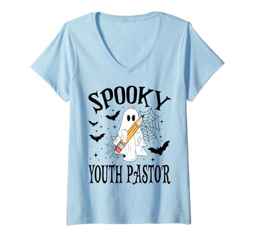 Damen Gruselige Jugend Pastor Halloween Schule T-Shirt mit V-Ausschnitt Damen Gruselige Jugend Pastor Halloween Schule T-Shirt mit V-Ausschnitt von Spooky Halloween for Teachers And Students