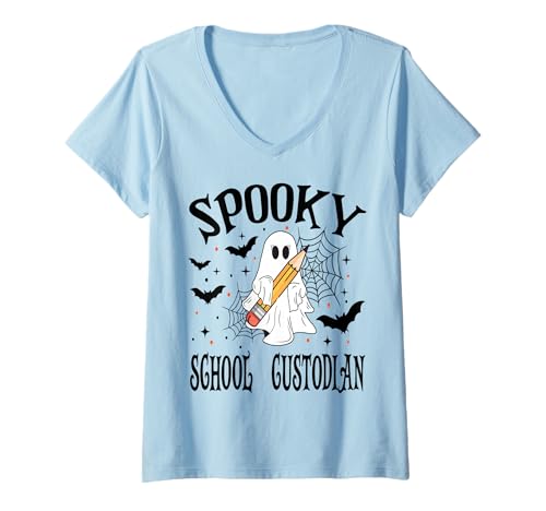 Damen Gruselige Schule Custodian Halloween Schule T-Shirt mit V-Ausschnitt Damen Gruselige Schule Custodian Halloween Schule T-Shirt mit V-Ausschnitt von Spooky Halloween for Teachers And Students