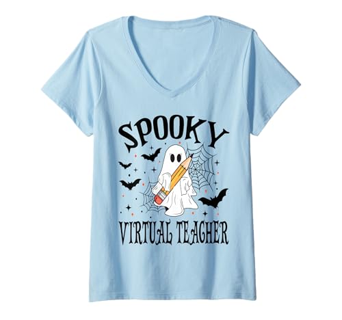 Damen Gruselige virtuelle Lehrer-Halloween-Schule T-Shirt mit V-Ausschnitt von Spooky Halloween for Teachers And Students