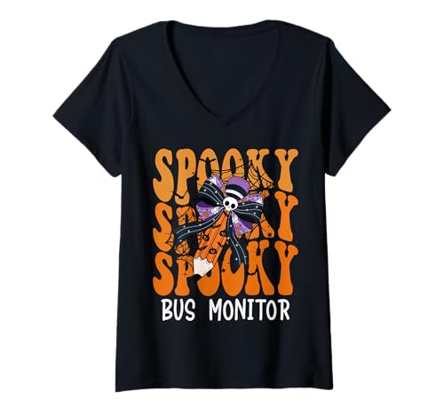 Damen Gruseliger Bus Monitor Halloween Schule T-Shirt mit V-Ausschnitt Damen Gruseliger Bus Monitor Halloween Schule T-Shirt mit V-Ausschnitt von Spooky Halloween for Teachers And Students