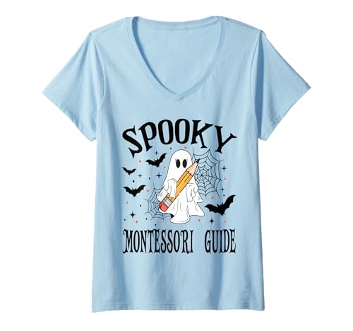 Damen Gruseliger Montessori Guide Halloween Schule T-Shirt mit V-Ausschnitt Damen Gruseliger Montessori Guide Halloween Schule T-Shirt mit V-Ausschnitt von Spooky Halloween for Teachers And Students