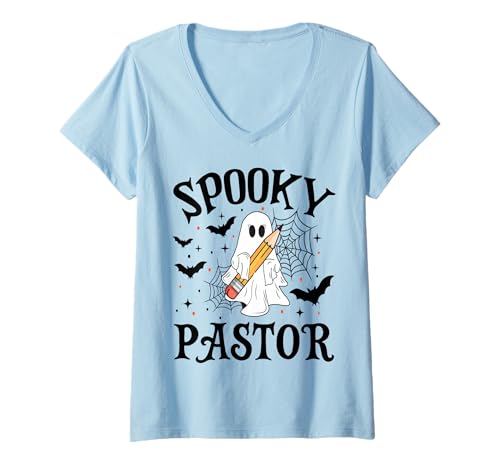 Damen Gruseliger Pastor Halloween Schule T-Shirt mit V-Ausschnitt Damen Gruseliger Pastor Halloween Schule T-Shirt mit V-Ausschnitt von Spooky Halloween for Teachers And Students
