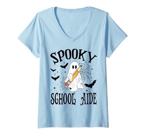 Damen Gruseliger Schulhelfer Halloween Schule T-Shirt mit V-Ausschnitt Damen Gruseliger Schulhelfer Halloween Schule T-Shirt mit V-Ausschnitt von Spooky Halloween for Teachers And Students