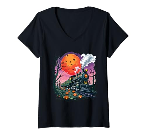 Damen Gruseliger Halloween-Zug leuchtender Kürbis Mond Spuknacht T-Shirt mit V-Ausschnitt von Spooky Halloween train with glowing pumpkins bats