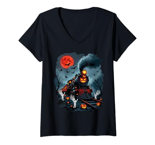 Damen Gruseliger Halloween-Zug leuchtender Kürbis Mond Spuknacht T-Shirt mit V-Ausschnitt von Spooky Halloween train with glowing pumpkins bats