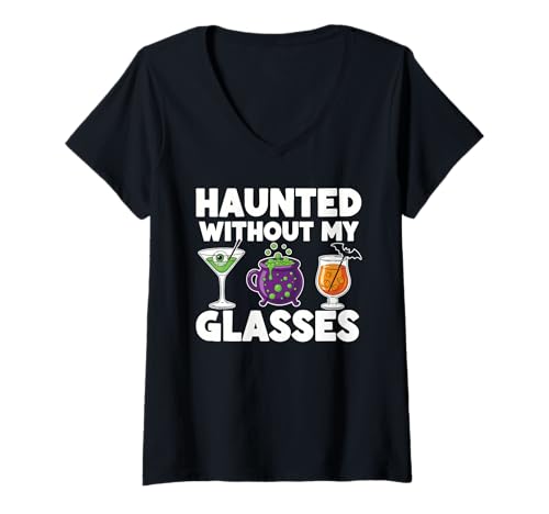 Damen Haunted Without My Glasses Lustige Halloween Trinkparty T-Shirt mit V-Ausschnitt Damen Haunted Without My Glasses Lustige Halloween Trinkparty T-Shirt mit V-Ausschnitt von Spooky Haunted Drinking Halloween Costume Party