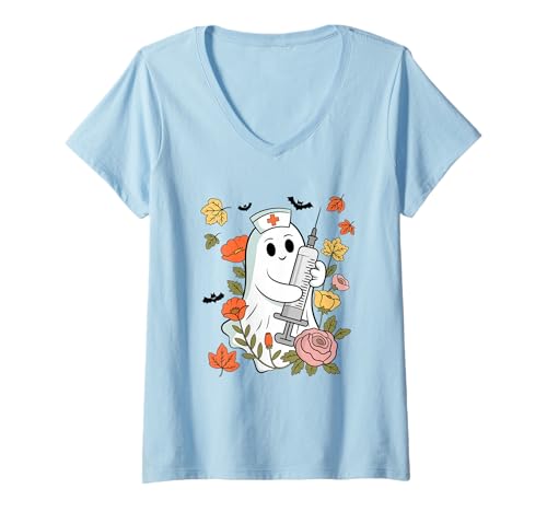 Damen Niedliche Geisterkrankenschwester mit Spritze Halloween Spirit T-Shirt mit V-Ausschnitt von Spooky Health Care Ghost Nurse Halloween Theme