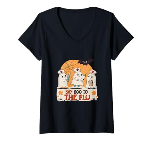 Damen Say Boo to The Grippe Cute Halloween Nurse Ghosts T-Shirt mit V-Ausschnitt von Spooky Health Designs