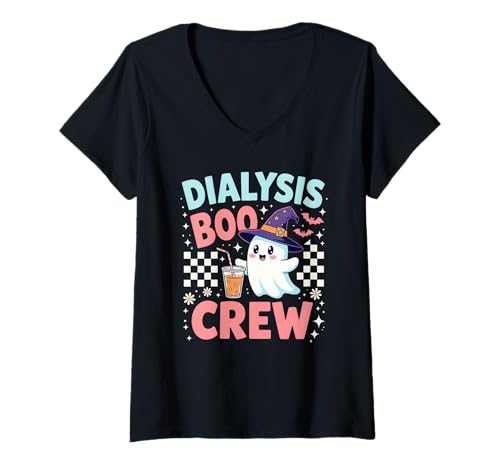 Damen Dialysis Boo Crew Niedlicher Geist Hexenhut Halloween T-Shirt mit V-Ausschnitt Damen Dialysis Boo Crew Niedlicher Geist Hexenhut Halloween T-Shirt mit V-Ausschnitt von Spooky Healthcare Medical Crew Halloween