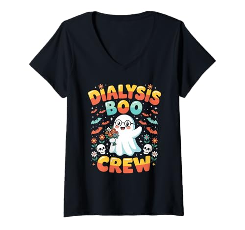 Damen Dialysis Boo Crew Süßes Halloween-Geister-Design T-Shirt mit V-Ausschnitt von Spooky Healthcare Medical Crew Halloween