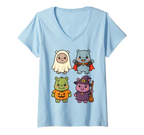 Damen Lustiges Nilpferd Halloween Geist Hexe Zombie Kostüm für Jungen T-Shirt mit V-Ausschnitt von Spooky Hippo Halloween Costumes Co