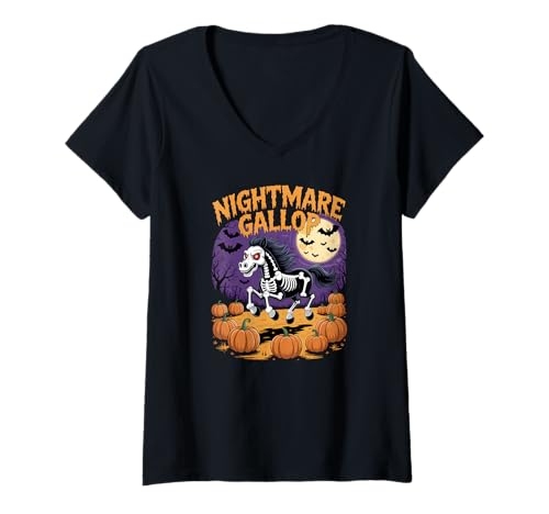 Damen Nightmare Gallop Skelett Pferd Halloween Kostüm T-Shirt mit V-Ausschnitt von Spooky Horse Halloween Apparel Gifts by Anastasia
