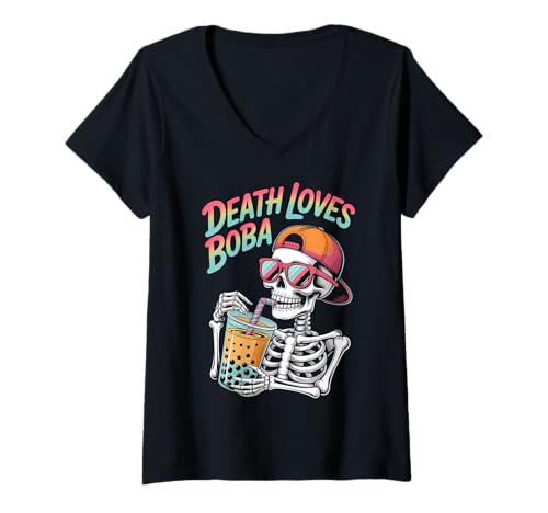 Damen Lustiges Halloween-Skelett-Boba-Teekostüm T-Shirt mit V-Ausschnitt Damen Lustiges Halloween-Skelett-Boba-Teekostüm T-Shirt mit V-Ausschnitt von Spooky Humor Boba Tea Skeleton Halloween Costumes