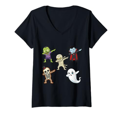 Damen Lustiger Halloween-Zombie-Vampir-Geist Skelett Mummy Dab T-Shirt mit V-Ausschnitt von Spooky Humor Creepy Cute Halloween Party Costume