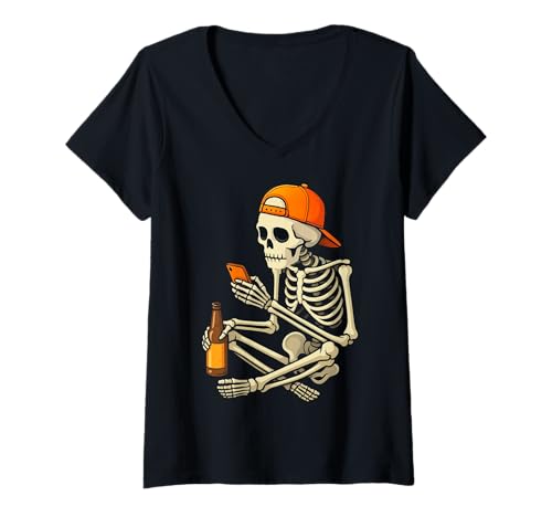 Damen Lustiges Halloween-Skelett-Doomscrolling-Kostüm T-Shirt mit V-Ausschnitt von Spooky Humor Creepy Skeleton Costume for Halloween