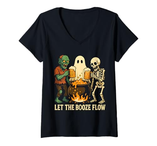 Damen Lustiger Halloween-Zombie-Geister-Skelett-Biersack T-Shirt mit V-Ausschnitt Damen Lustiger Halloween-Zombie-Geister-Skelett-Biersack T-Shirt mit V-Ausschnitt von Spooky Humor Drinking Party Costumes Halloween
