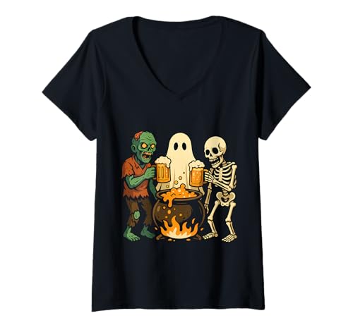 Damen Lustiger Halloween-Zombie-Geister-Skelett-Biersack T-Shirt mit V-Ausschnitt Damen Lustiger Halloween-Zombie-Geister-Skelett-Biersack T-Shirt mit V-Ausschnitt von Spooky Humor Drinking Party Costumes Halloween