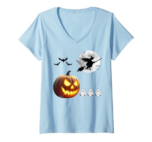 Damen Halloween Jack o Laterne Kürbis isst Geister und Vollmond T-Shirt mit V-Ausschnitt Damen Halloween Jack o Laterne Kürbis isst Geister und Vollmond T-Shirt mit V-Ausschnitt von Spooky Jack o Lantern Pumpkin Ghosts Halloween Fun