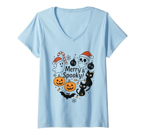 Damen Merry Spooky Halloween Weihnachten Süße Katzen Kürbisse Schädel T-Shirt mit V-Ausschnitt von Spooky Jolly Vibes Halloween Christmas Tees By Mj