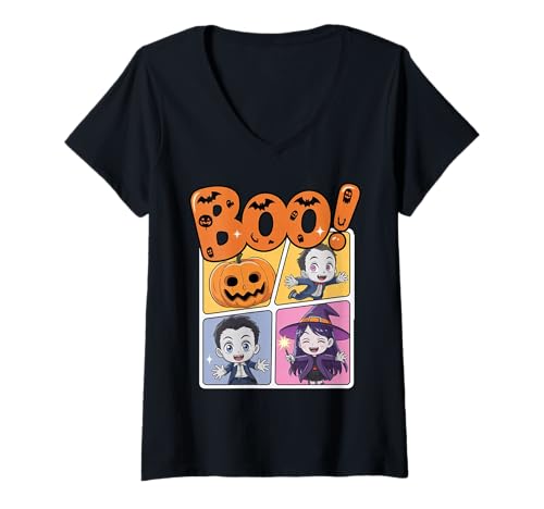 Damen Niedlicher Halloween-Boo Cartoon-Anime-Stil, gruseliges Halloween T-Shirt mit V-Ausschnitt von Spooky Kawaii, anime lovers Apparel
