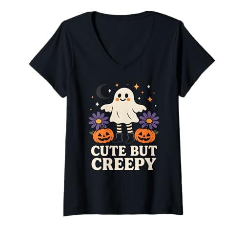 Damen Süßes, Aber gruseliges Halloween-Geister-Kürbis-Kostüm-Design T-Shirt mit V-Ausschnitt von Spooky Kawaii Ghosts Apparel