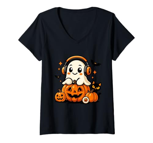 Damen Süßer Kopfhörer Geist auf Kürbis mit Katze Halloween T-Shirt mit V-Ausschnitt Damen Süßer Kopfhörer Geist auf Kürbis mit Katze Halloween T-Shirt mit V-Ausschnitt von Spooky Kawaii Party Prints