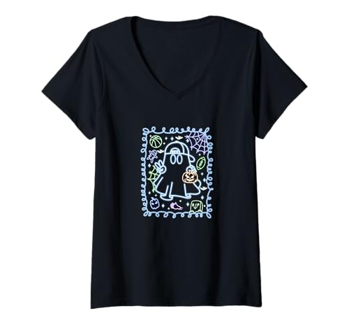 Damen Halloween Geist Design mit Bonbons und Kürbis T-Shirt mit V-Ausschnitt von Spooky Kids Art