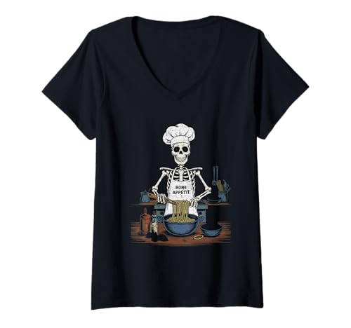 Damen Knochenappetit Skelett Chef Kochen Pasta lustig Halloween T-Shirt mit V-Ausschnitt von Spooky Kitchen Co