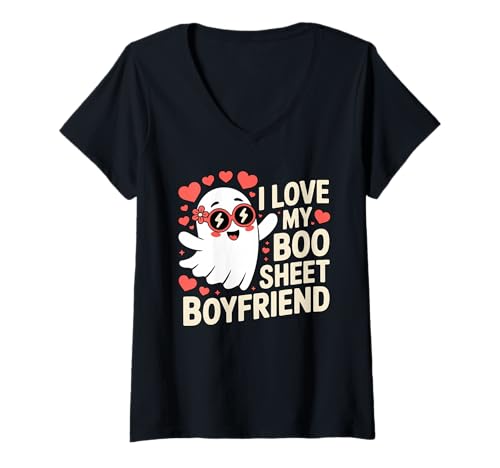Damen Ich Liebe Meinen Boo -Blatt Freund süße Halloween Ghost T-Shirt mit V-Ausschnitt Damen Ich Liebe Meinen Boo -Blatt Freund süße Halloween Ghost T-Shirt mit V-Ausschnitt von Spooky Love Expression Arts