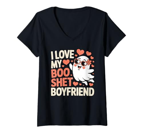 Damen I Love My Boo Sheet Boyfriend Cute Halloween Ghost Girls T-Shirt mit V-Ausschnitt von Spooky Love Expressions Arts