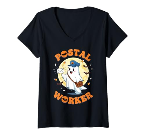 Damen Lustiges Postarbeiter-Geister-Halloween-Kostüm T-Shirt mit V-Ausschnitt Damen Lustiges Postarbeiter-Geister-Halloween-Kostüm T-Shirt mit V-Ausschnitt von Spooky Mail Carrier Lady Mailman Post Office Staff