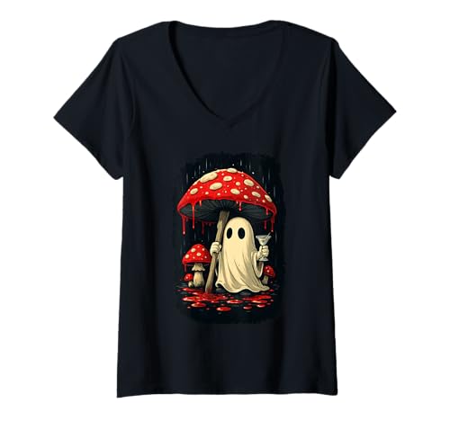 Damen Cottage Core Ghost Mushroom Gruseliger Martini Halloween T-Shirt mit V-Ausschnitt Damen Cottage Core Ghost Mushroom Gruseliger Martini Halloween T-Shirt mit V-Ausschnitt von Spooky Martini Season Ghost Co