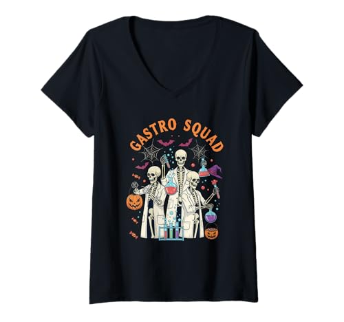Damen Gastro Squad Skelett Halloween Science Lab Kostüm T-Shirt mit V-Ausschnitt von Spooky Medical Skeleton Crew