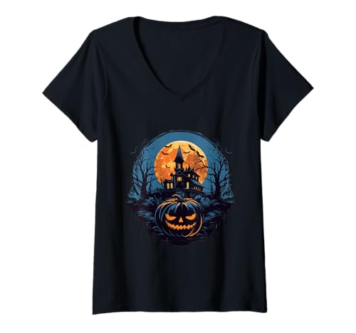 Damen Haunted House Jack O Lantern Halloween-Nacht bei Vollmond T-Shirt mit V-Ausschnitt Damen Haunted House Jack O Lantern Halloween-Nacht bei Vollmond T-Shirt mit V-Ausschnitt von Spooky Night Designs