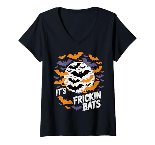 Damen It's Frickin Bats Halloween Moon Bats T-Shirt mit V-Ausschnitt von Spooky Night Halloween Bats Festive Moon