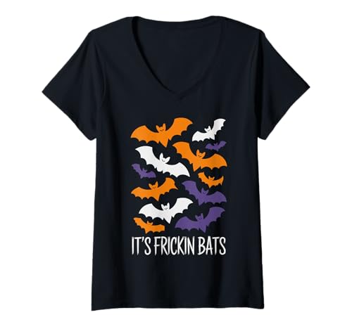 Damen It's Frickin Bats Halloween Moon Bats T-Shirt mit V-Ausschnitt von Spooky Night Halloween Bats Festive Moon